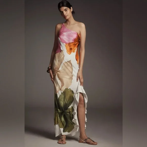 NWT! Anthropologie One-Shoulder Asymmetric Floral Maxi Dress - Size 2 🪐 - Picture 1 of 4